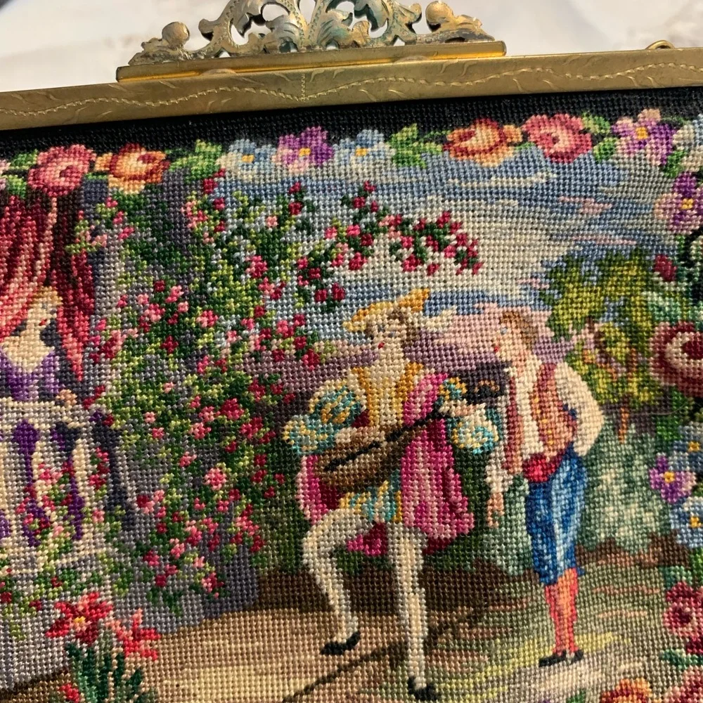 Antique Victorian petit point needlepoint brass Evening Purse